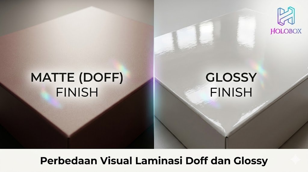 Perbedaan visual laminasi doff (kiri) dan glossy (kanan)