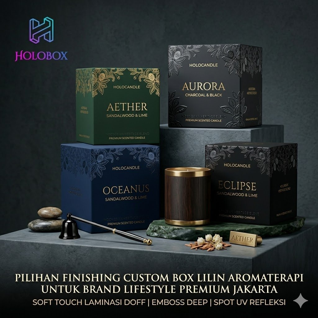 pilihan finishing custom box lilin aromaterapi soft touch laminasi doff emboss spot UV untuk brand lifestyle premium Jakarta