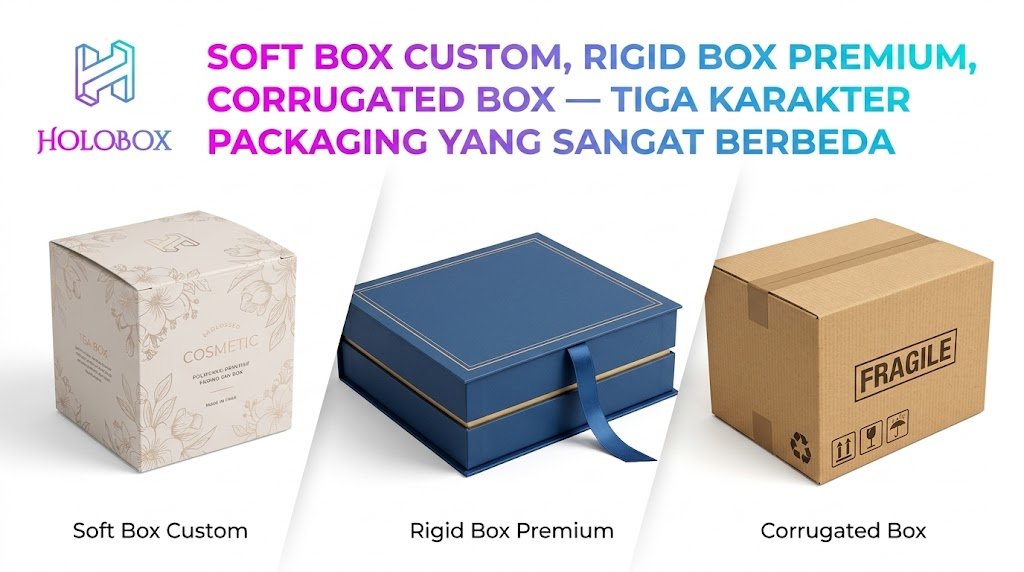 soft box custom, rigid box premium, corrugated box — tiga karakter packaging yang sangat berbed