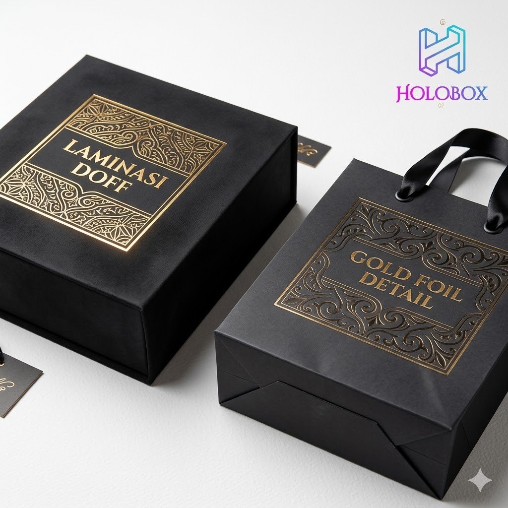 Detail finishing laminasi doff dan gold foil pada custom box dan paper bag premium Holobox