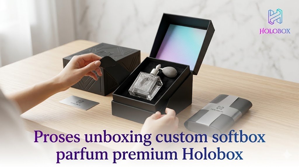Proses unboxing custom softbox parfum premium Holobox