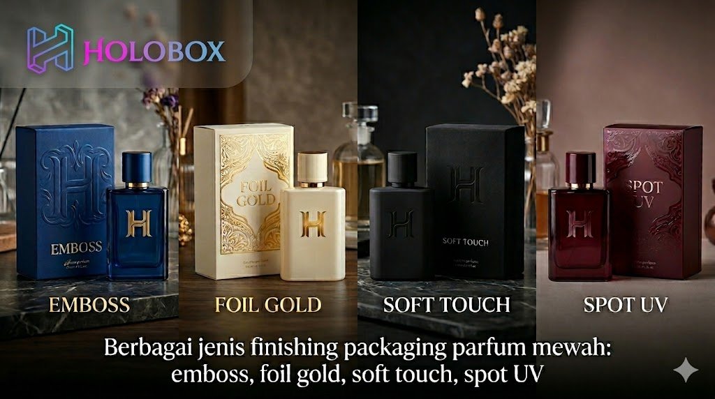 Berbagai jenis finishing packaging parfum mewah: emboss, foil gold, soft touch, spot UV