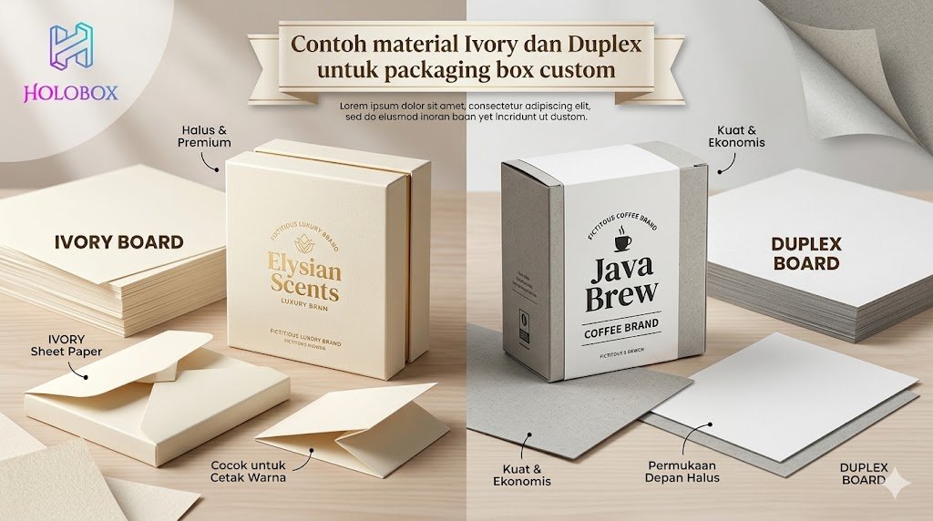 Contoh material Ivory dan Duplex untuk packaging box custom