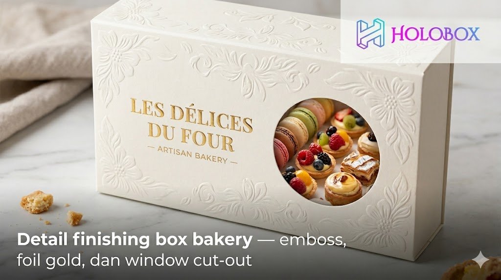 Detail finishing box bakery — emboss, foil gold, dan window cut-out