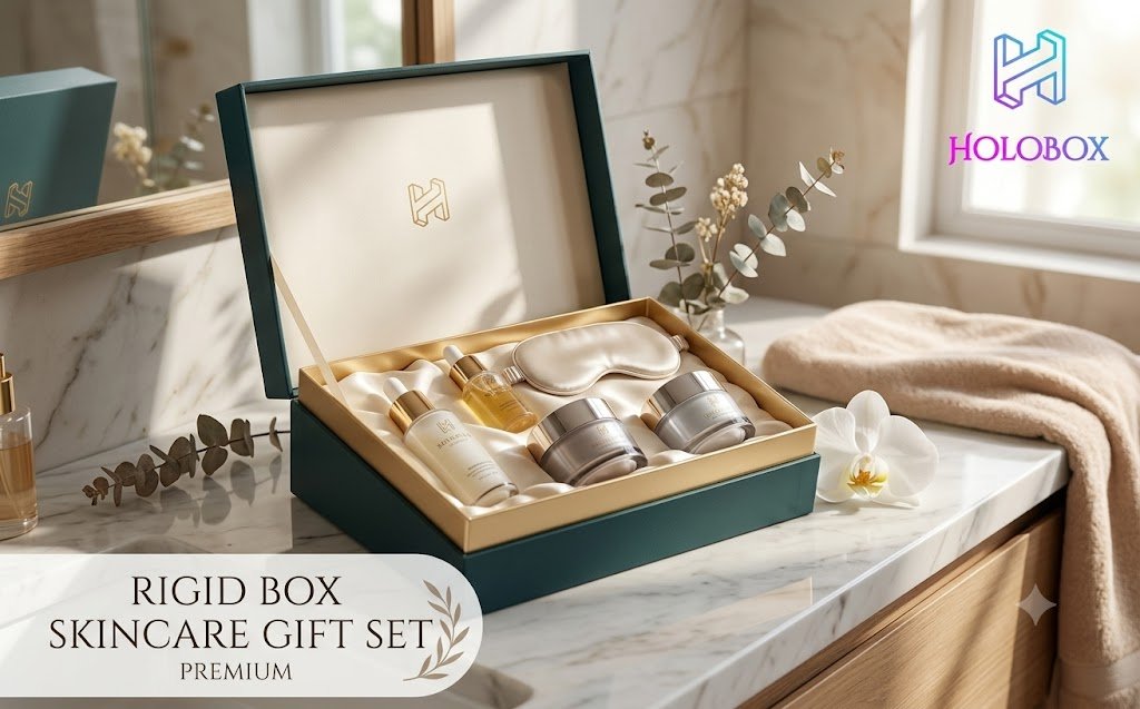Contoh rigid box skincare gift set premium dari Holobox Jakarta