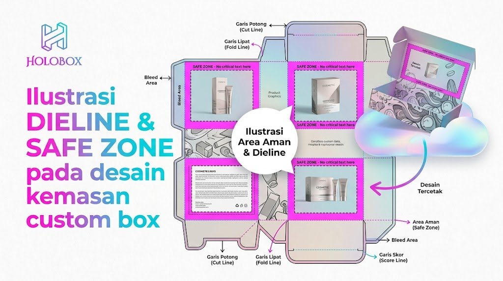 Ilustrasi dieline dan safe zone pada desain kemasan custom box
