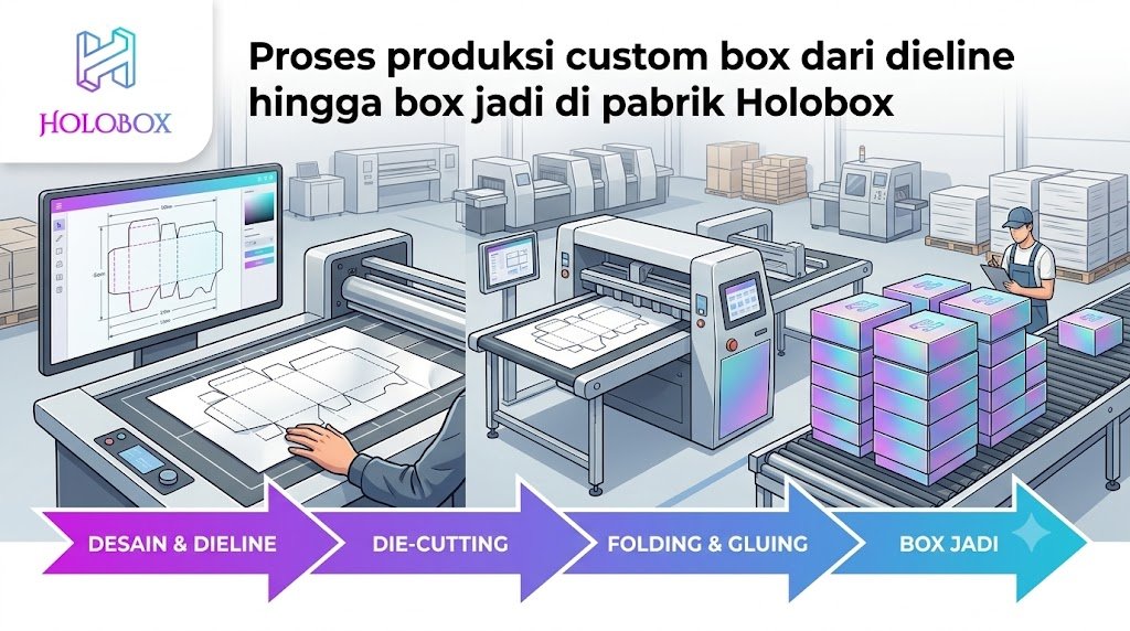Proses produksi custom box dari dieline hingga box jadi di pabrik Holobox