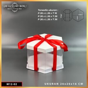 Box Mika Hexagonal  -  Cake Box - Box Segi Enam Kue Mika Transparan Dus Hadiah Hantaran -Tutup Warna Uk 26x26 - M12