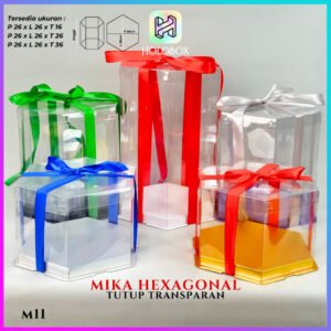 Box Mika Hexagonal  -  Cake Box - Box Segi Enam Kue Mika Transparan Dus Hadiah Hantaran -Tutup Warna Uk 26x26 - M12